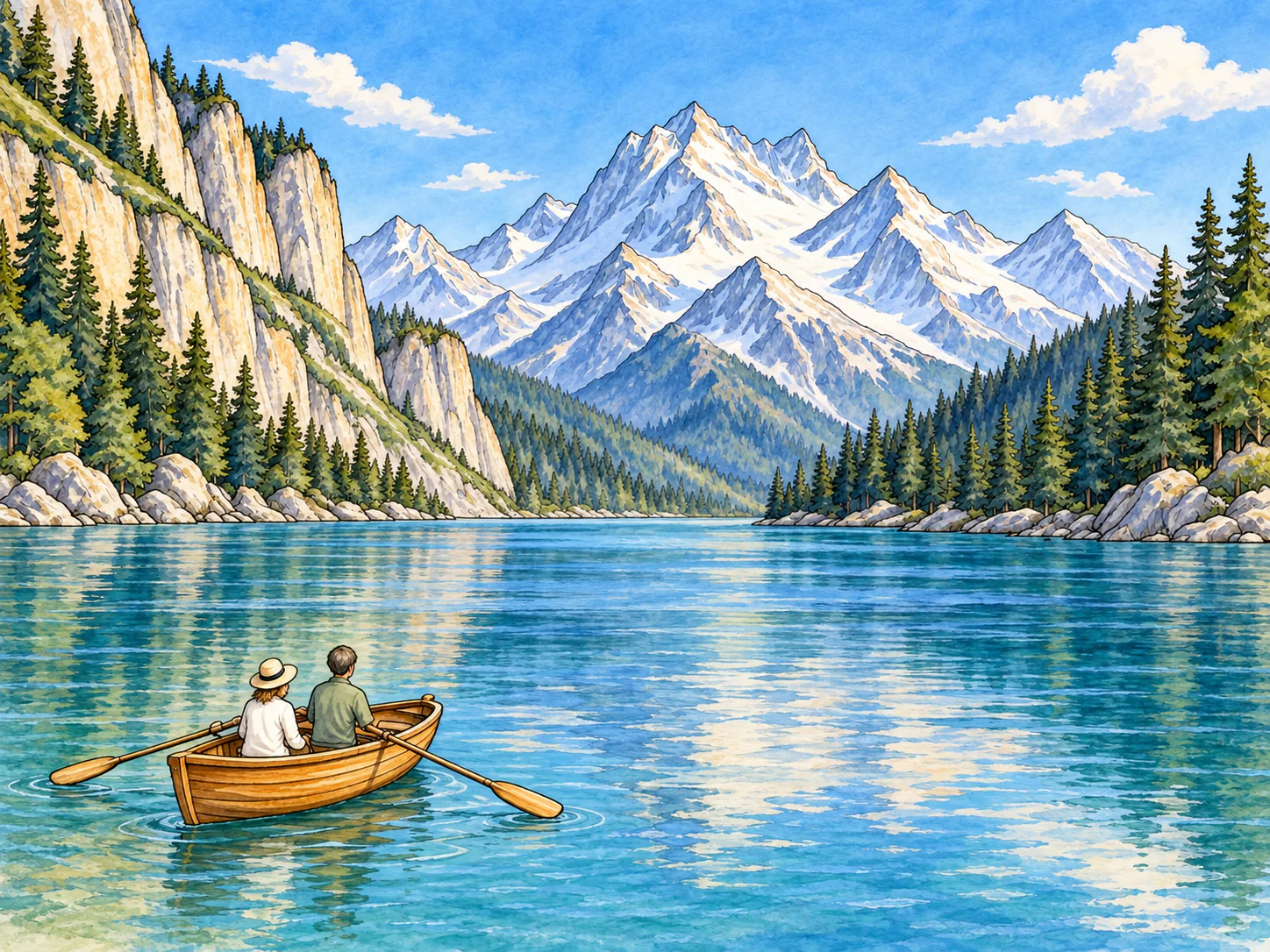 Alpine Lake Journey: A quiet rowboat beneath sunlit limestone peaks, pine forests and turquoise reflections.