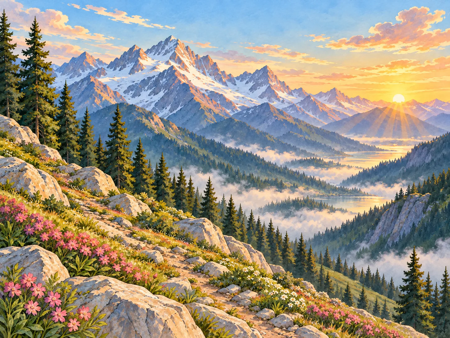 Alpine Sunrise: Sun rising behind layered alpine ridges with snow along the crest.