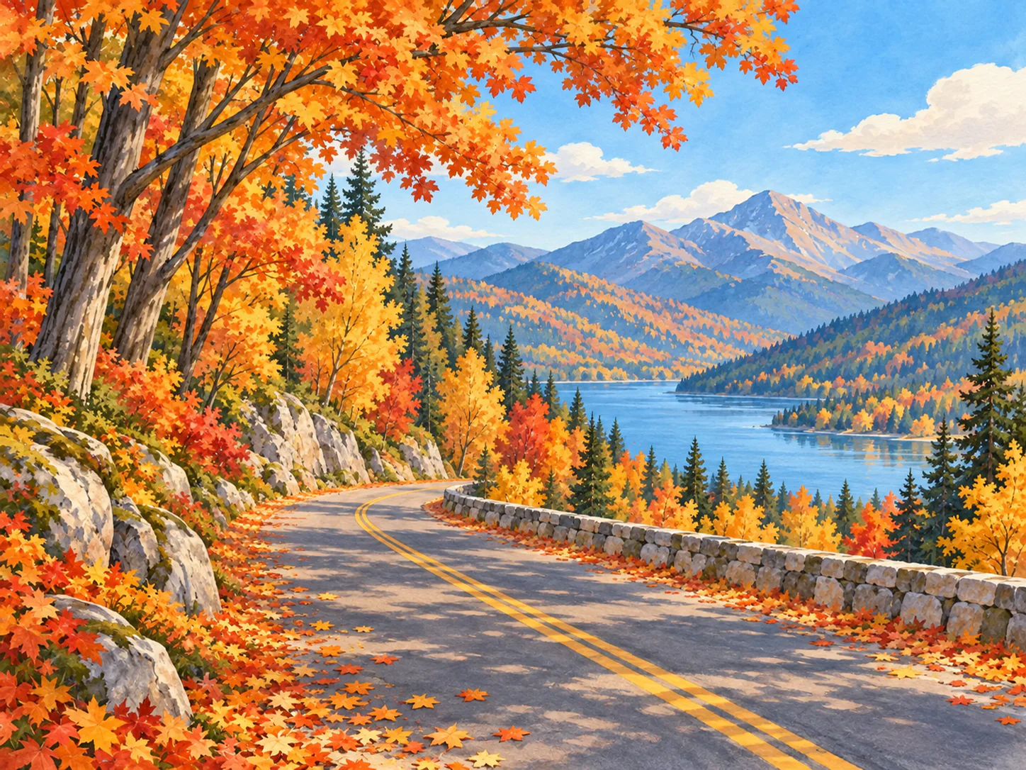 Autumn Road: A quiet road under orange canopies, leaves gathering at the edges.