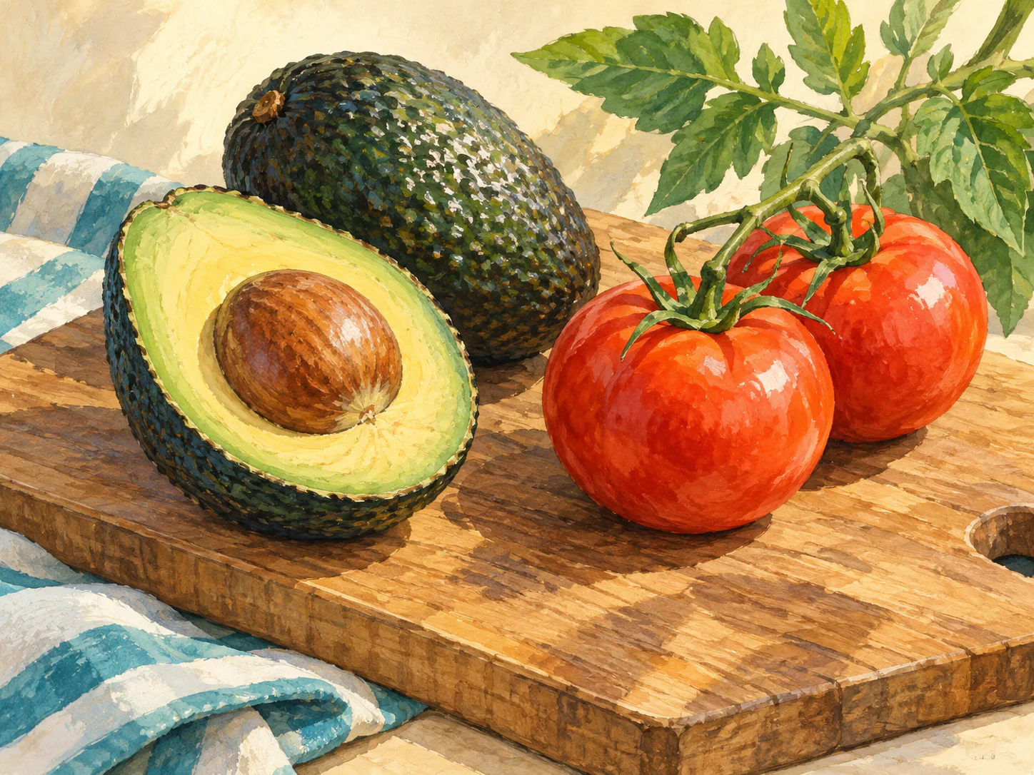 Avocado and Vine Tomatoes: An avocado, its golden-green cut half and two red tomatoes rest on a wooden board beside a teal-striped napkin.