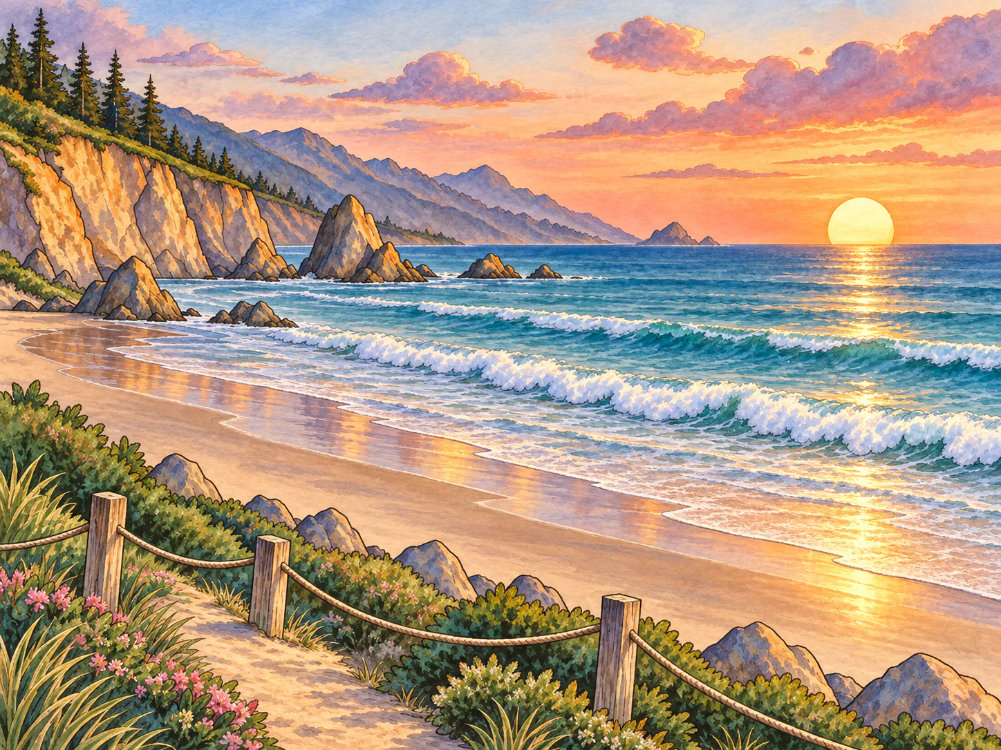 Beach Sunset: The sun going down over a wide sea, with a path of light on the water.