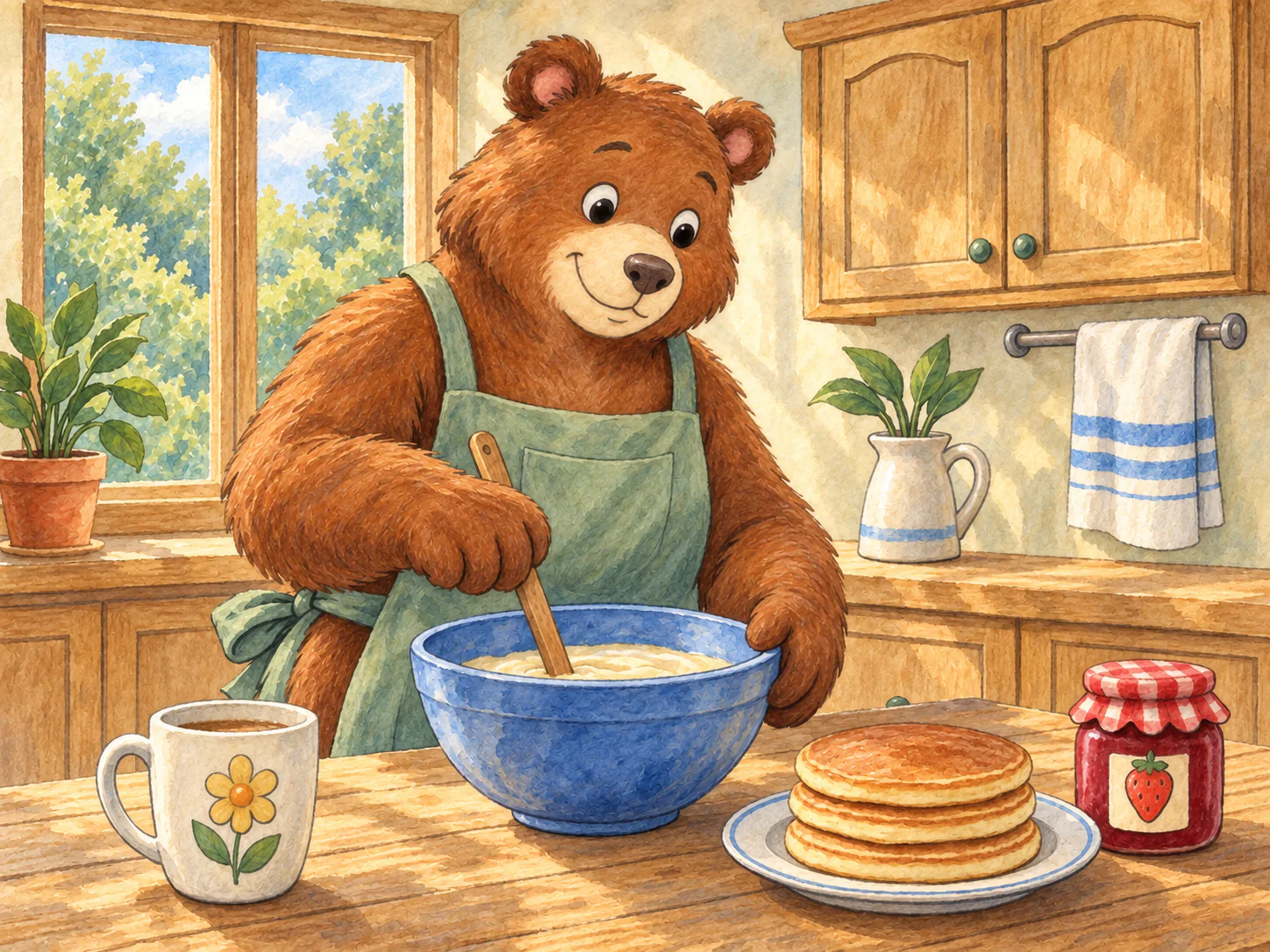 Bear’s Breakfast Kitchen: A cheerful bear makes breakfast in a sunny kitchen with pancakes and jam.