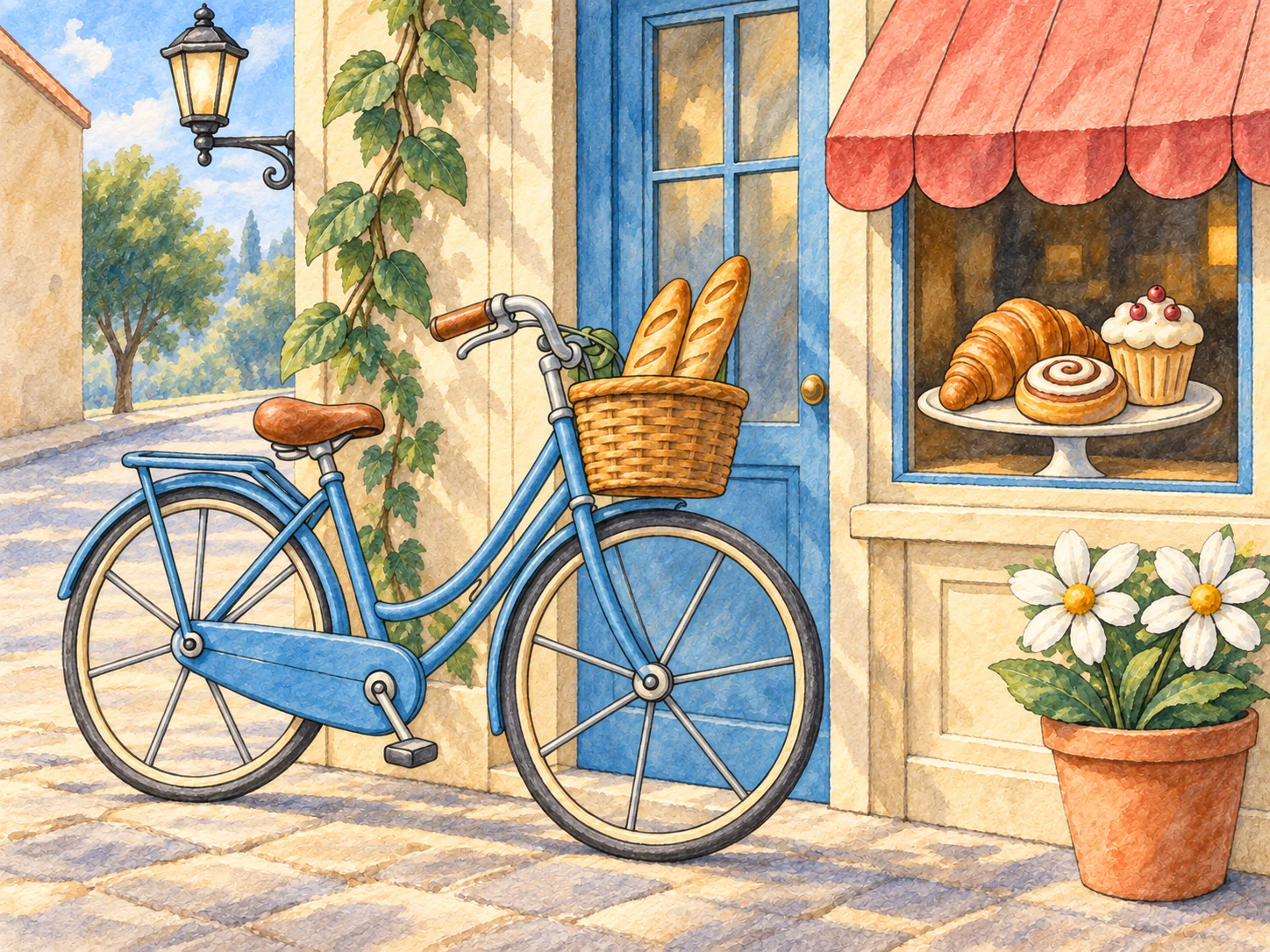 Bicycle Outside the Bakery: A bicycle with fresh baguettes rests outside a welcoming neighborhood bakery.