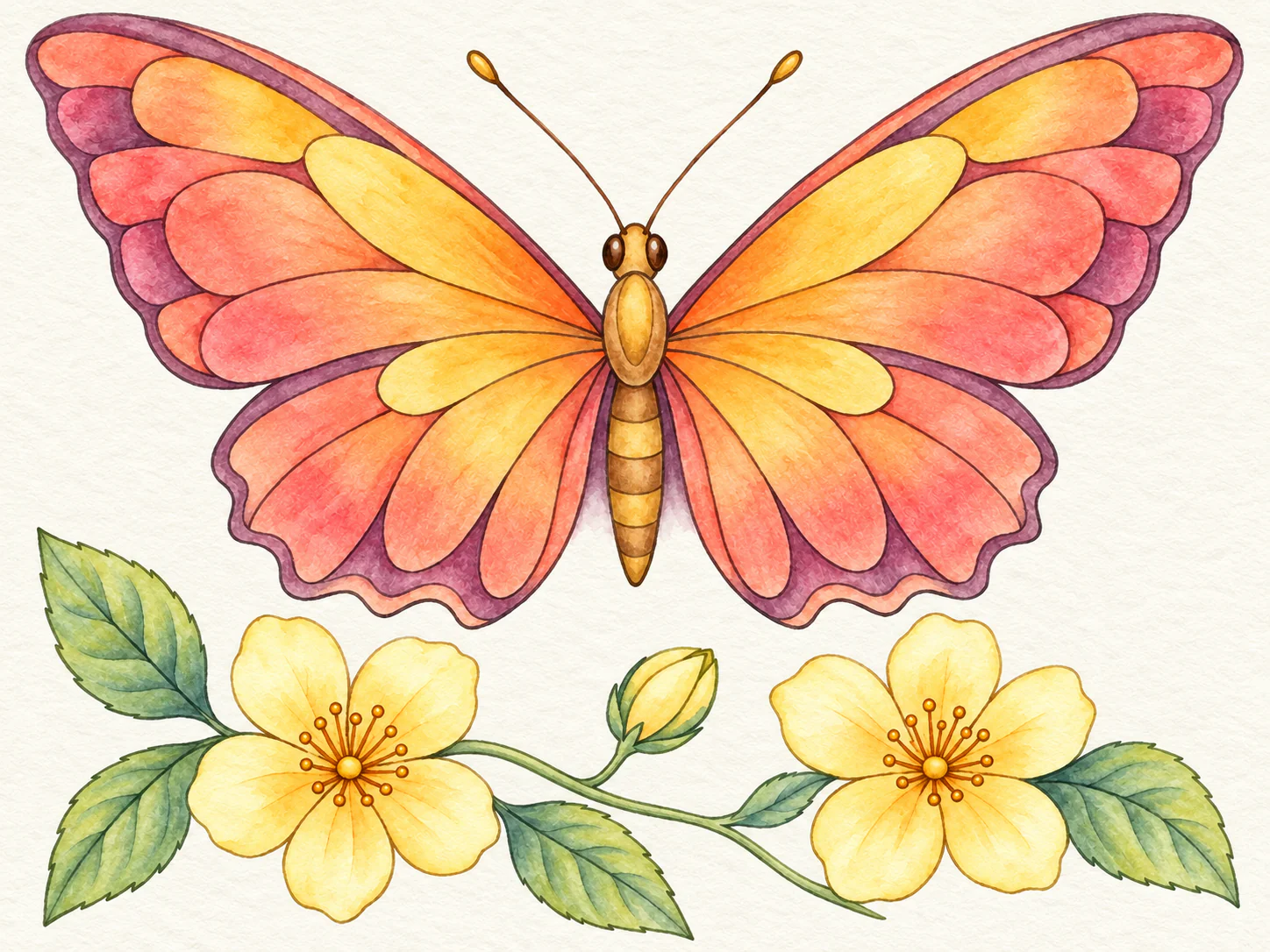 Butterfly and Bloom: A broad-winged butterfly pauses above a simple flowering stem.