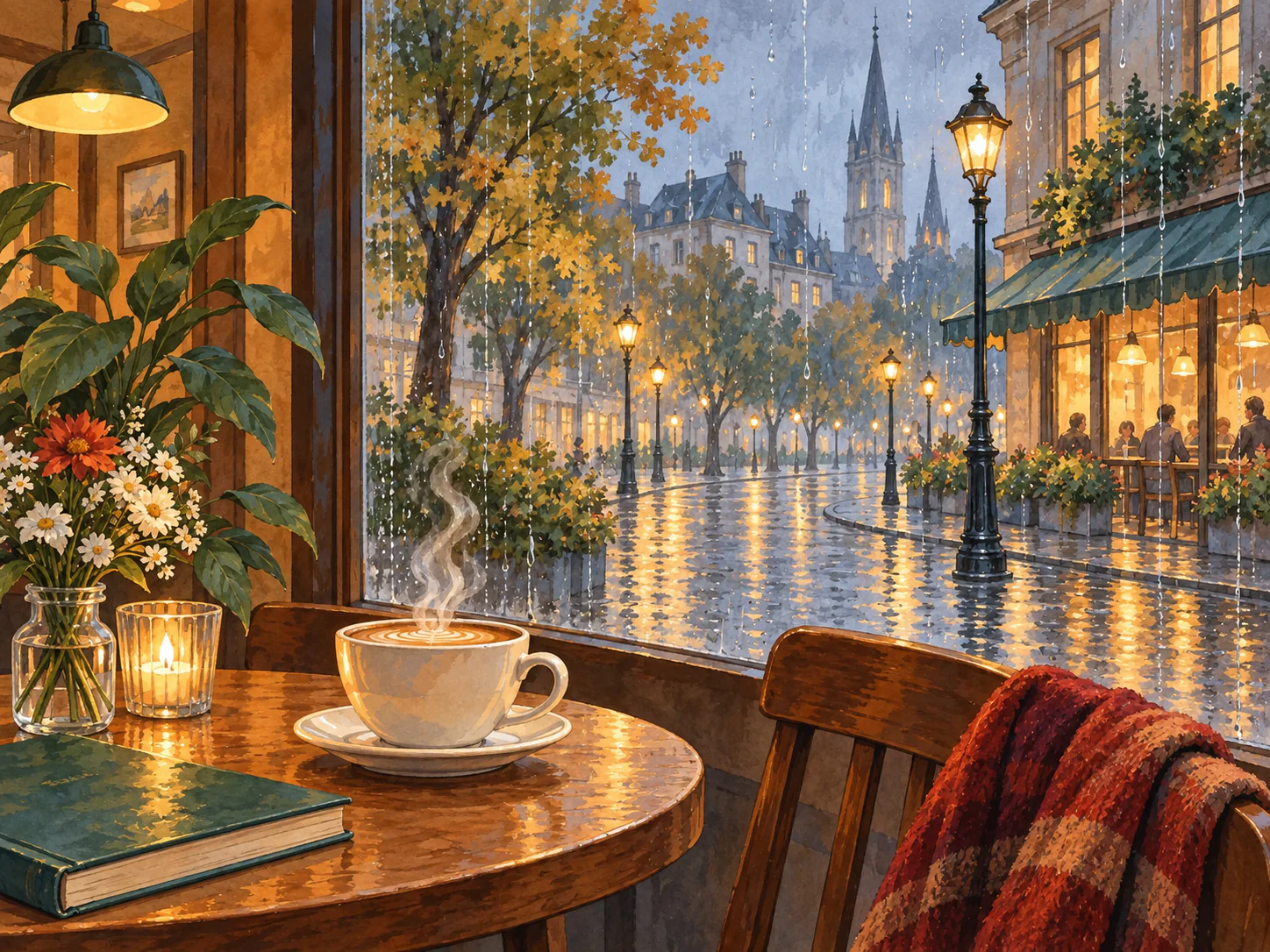Warm Café Window: Rain running down the glass while the café stays warm and quiet.