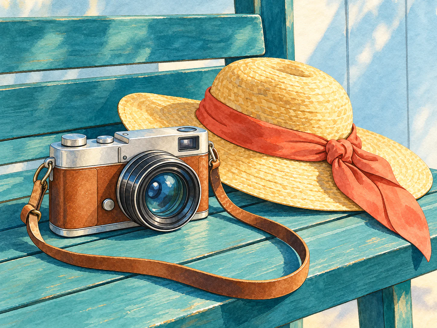 Camera and Sunhat: A vintage camera and a straw hat with a coral ribbon rest on a teal garden bench.