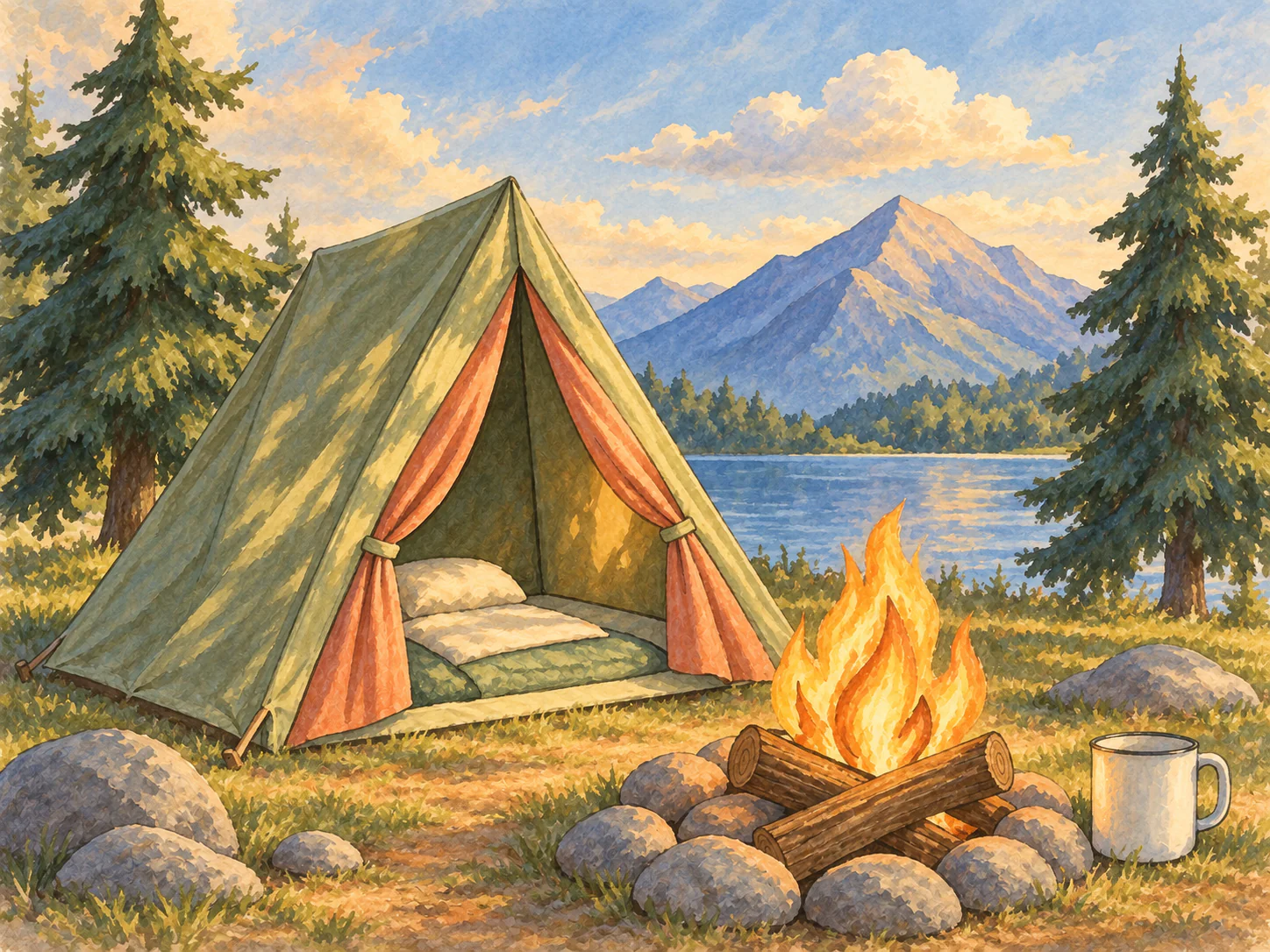 Campfire and Tent: A snug tent and glowing campfire beside a quiet mountain lake.