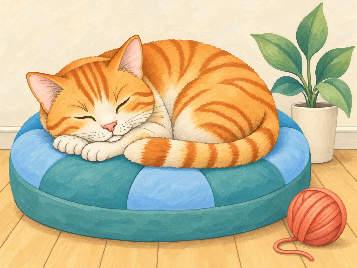 Cat on a Cushion: A sleeping ginger cat curls into a soft cushion beside a ball of yarn.