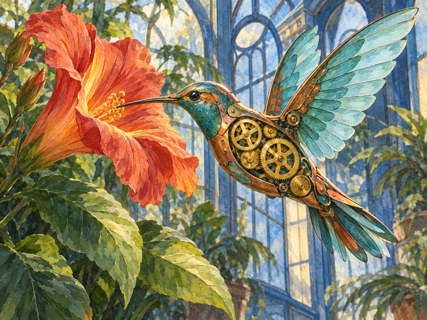 The Clockwork Hummingbird: A hummingbird of teal feathers and brass clockwork hovers beside a coral hibiscus in a glass conservatory.