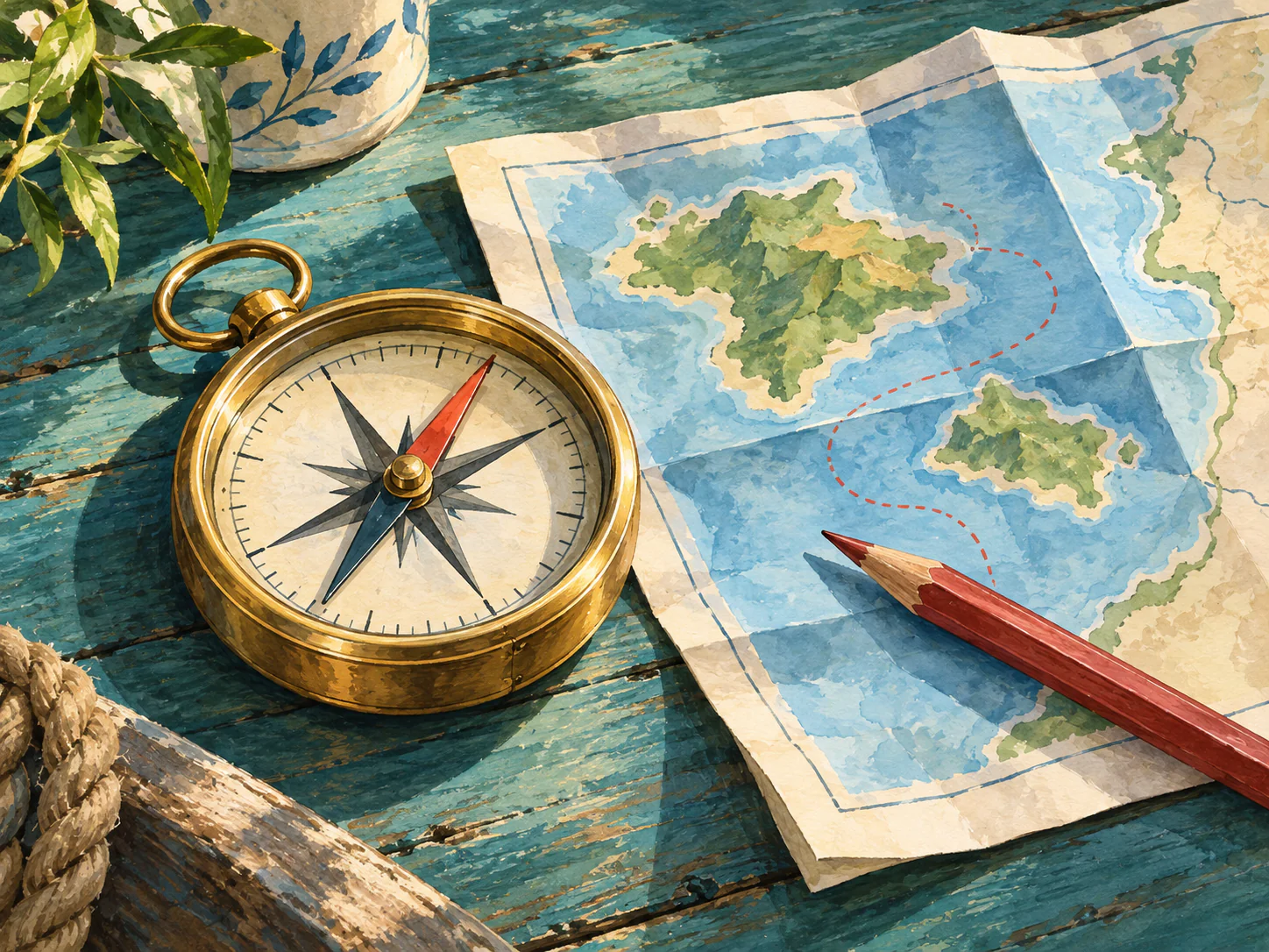 Compass and Folded Map: A brass compass and red pencil lie on an island map spread across a weathered teal table.