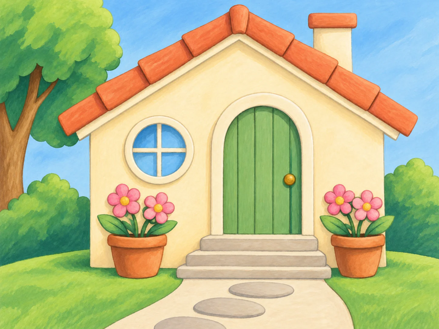 Cottage Front Door: An inviting cottage doorway framed by flowers and a shady tree.