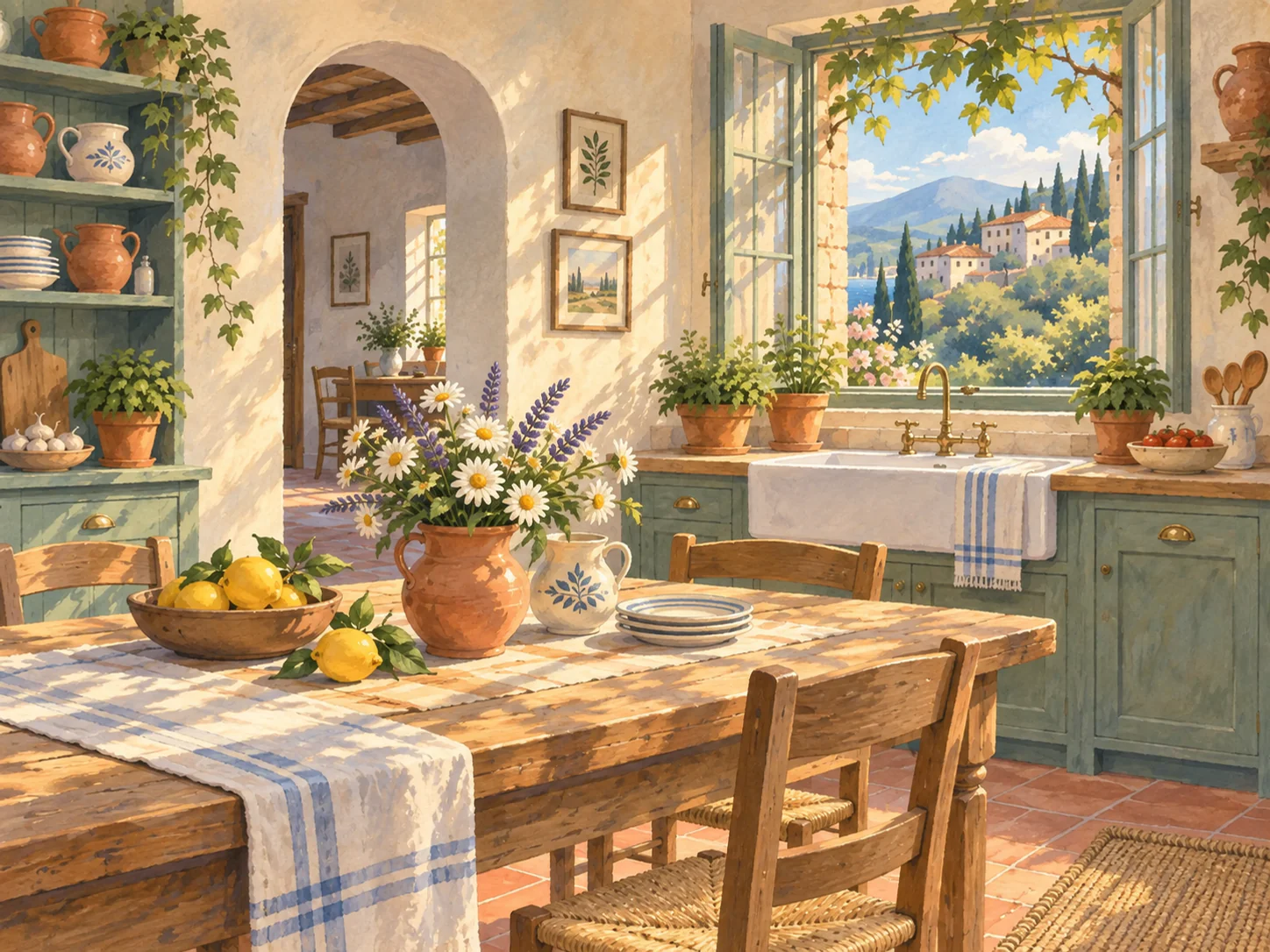 Cottage Kitchen: Cream walls, terracotta pots and afternoon light on the table.