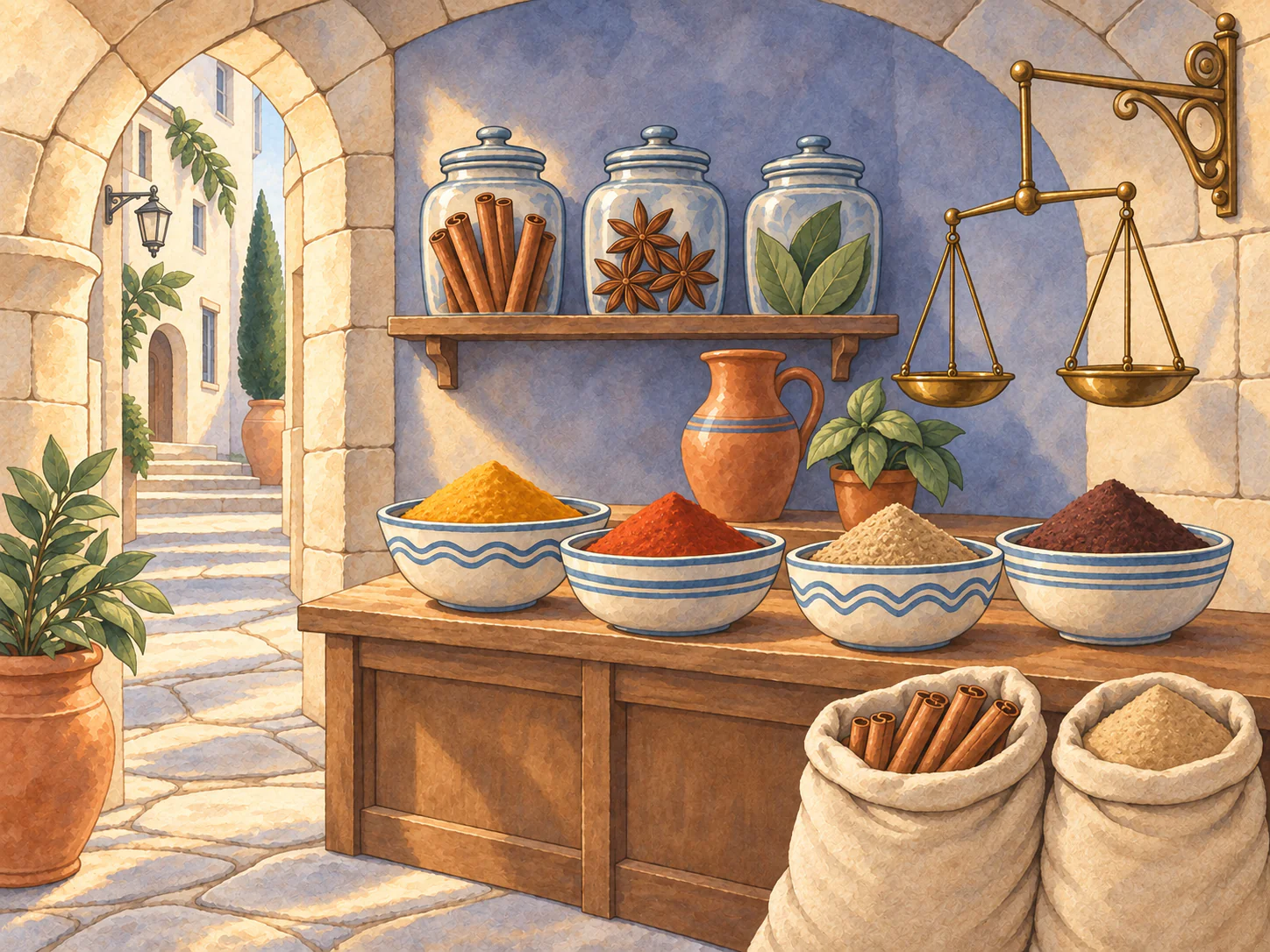 The Covered Spice Market: Four generous spice bowls, blue ceramics and a brass scale, framed by warm stone and cooler shadows.