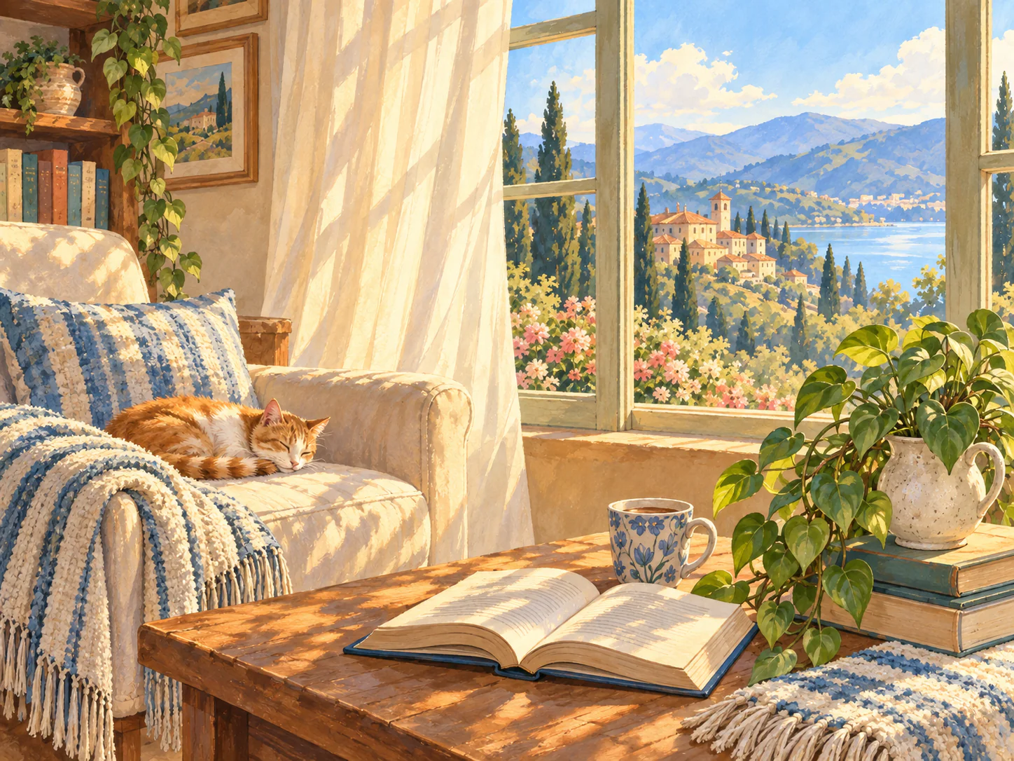 Cozy Reading Room: A warm afternoon room with an open book, soft curtains and a plant.