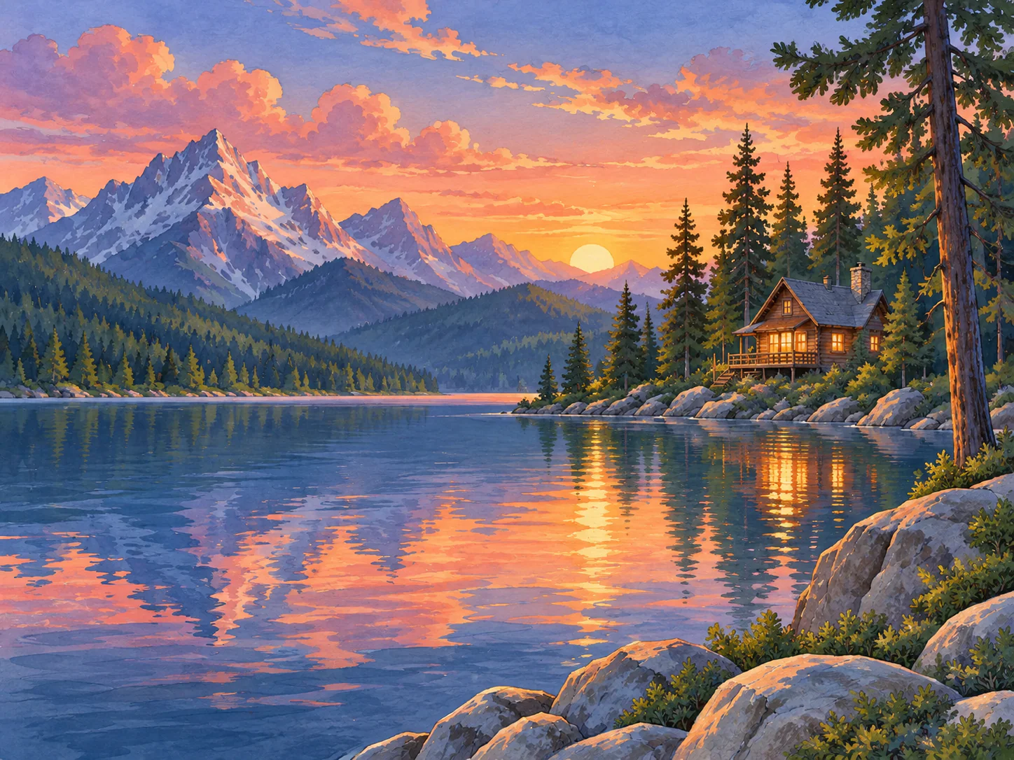 Quiet Lake Cabin: A still mountain lake, pine trees and a warm cabin at dusk.