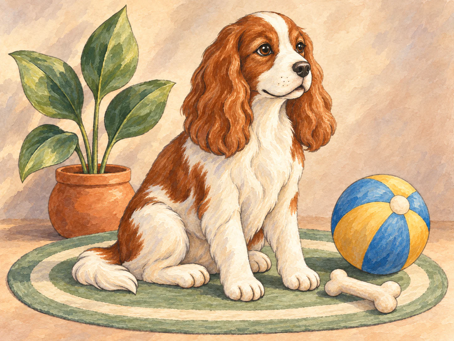 Dog and a Ball: A gentle spaniel rests beside a striped ball on a broad woven mat.