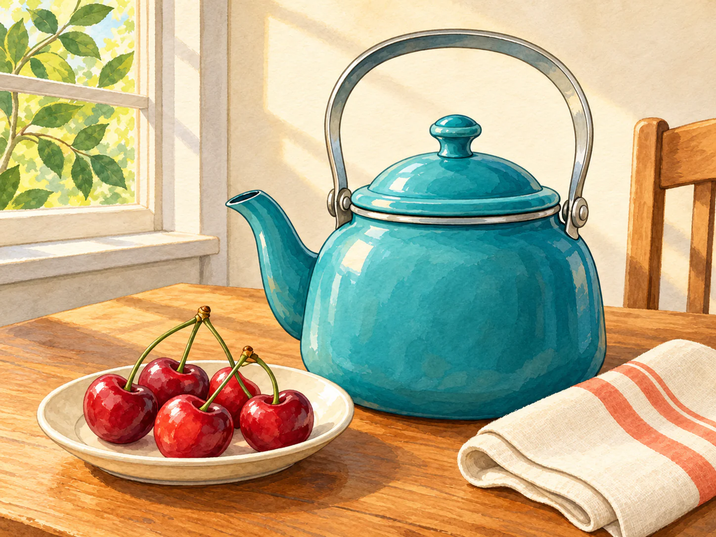 Enamel Kettle and Cherries: A turquoise enamel kettle, ripe cherries and striped linen catch warm light on a kitchen table.