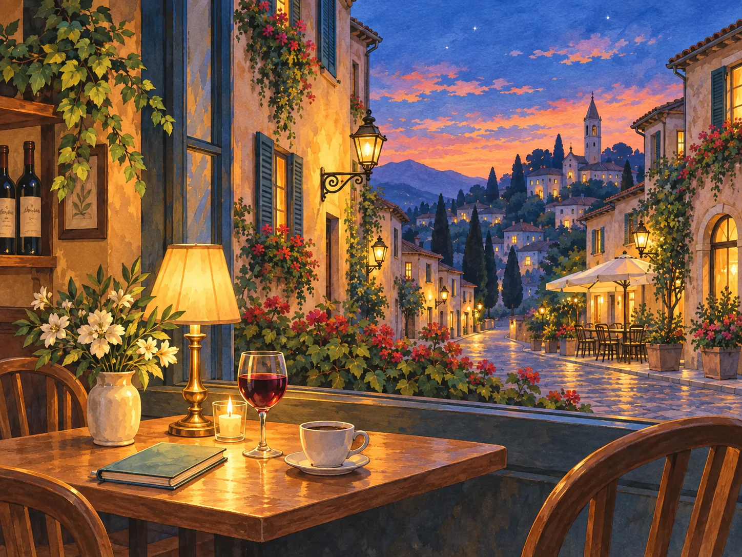 Evening Café: A lamp-lit table by the window while the street goes dark.