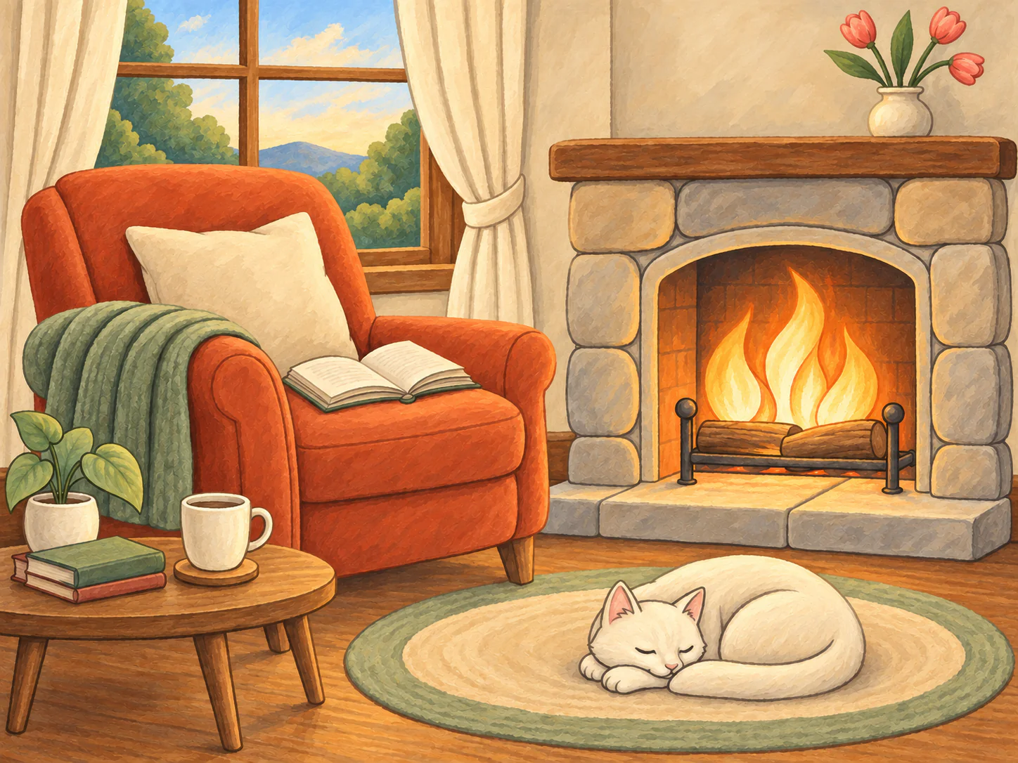 Fireside Reading Room: An armchair, an open book and a sleeping cat gather around a warm fireplace.
