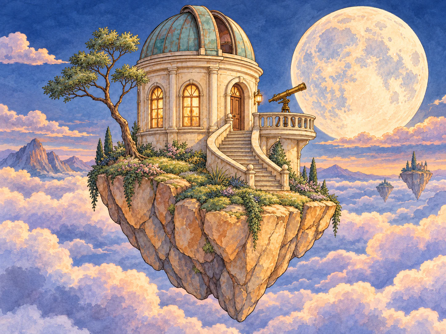 The Floating Observatory: A graceful copper-domed observatory on one small floating rock island above soft clouds. A short curved stair and a bronze telescope on a balcony are the focal details, with one slender tree and a few grouped grasses. Calm twilight, one large pale moon, ample open sky. Believable architecture in a magical world, no characters.
