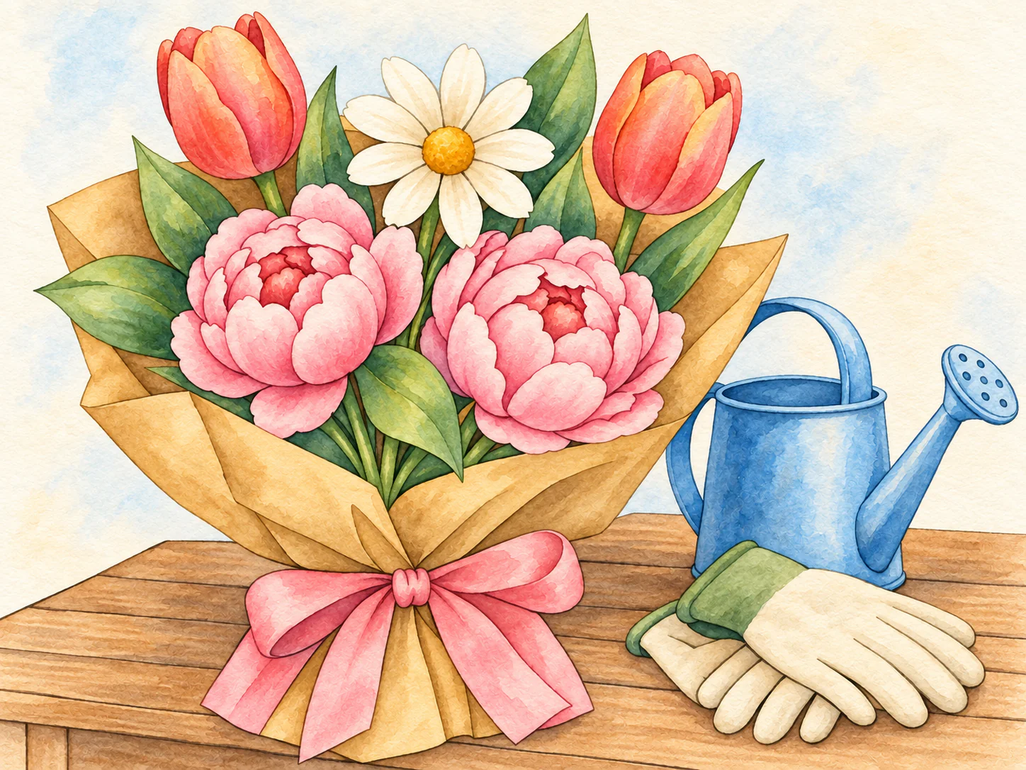 Flower Market Bouquet: Tulips, peonies and a daisy wrapped in paper beside a watering can.