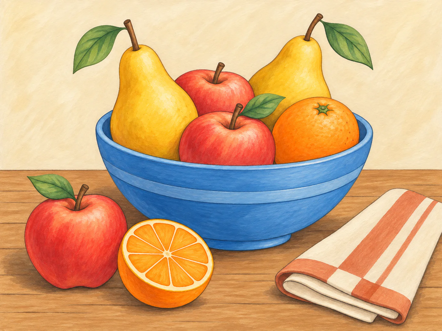 Fruit Bowl Study: Pears, apples and a sliced orange bring rounded forms and warm colors to the table.