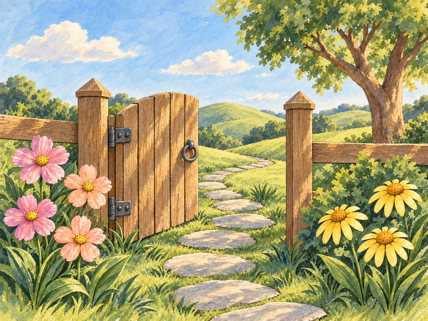 Garden Gate Morning: An open wooden gate welcomes you into a sunlit flower garden.