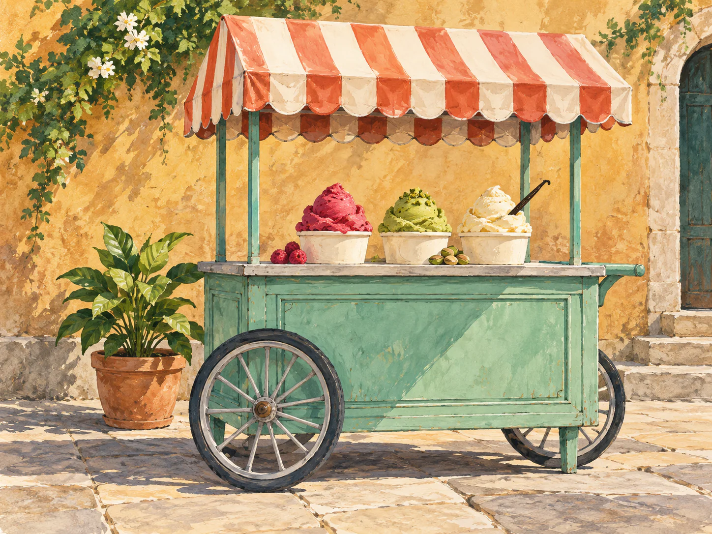 Gelato Cart in the Piazza: A mint-green gelato cart stands beneath a striped coral canopy, offering raspberry, pistachio and vanilla colors in a sunny piazza.