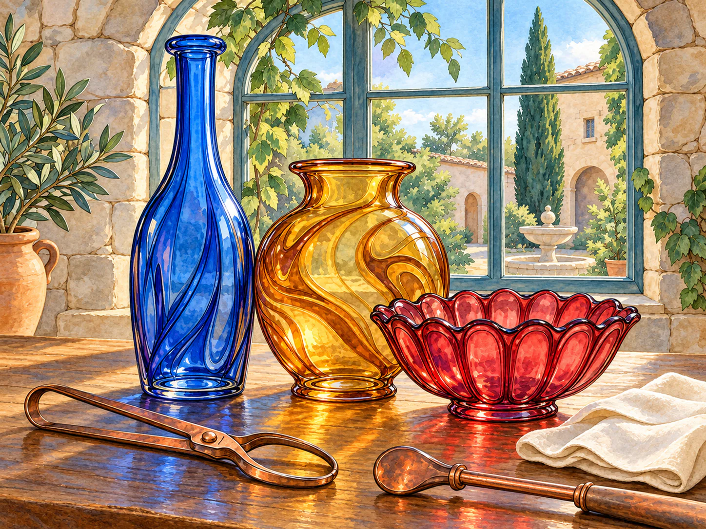 The Glassmaker’s Color Studio: Jewel-colored glass vessels, copper tools and folded linen glow in a sunlit craft studio.