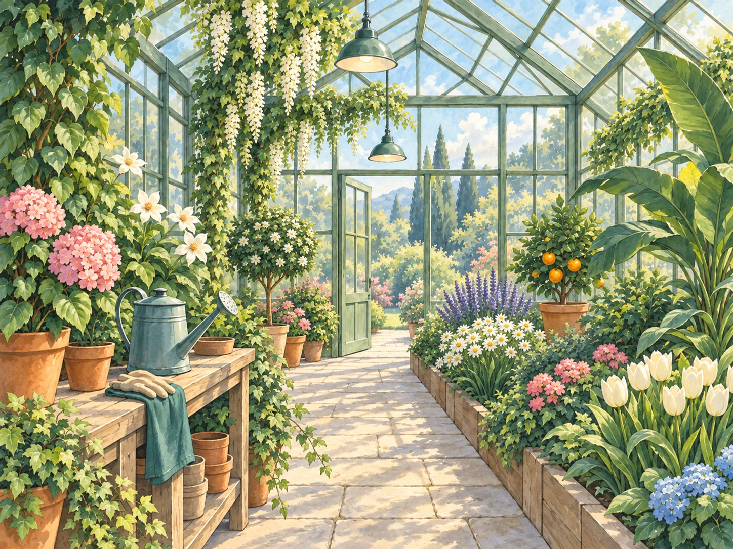 Greenhouse Garden: Cool green light and neat beds inside a glass garden house.