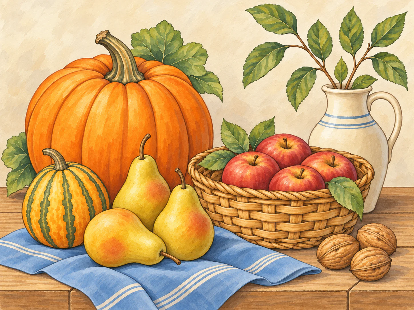 Harvest Table: Pumpkins, pears and a basket of apples combine varied sizes, textures and warm autumn color.