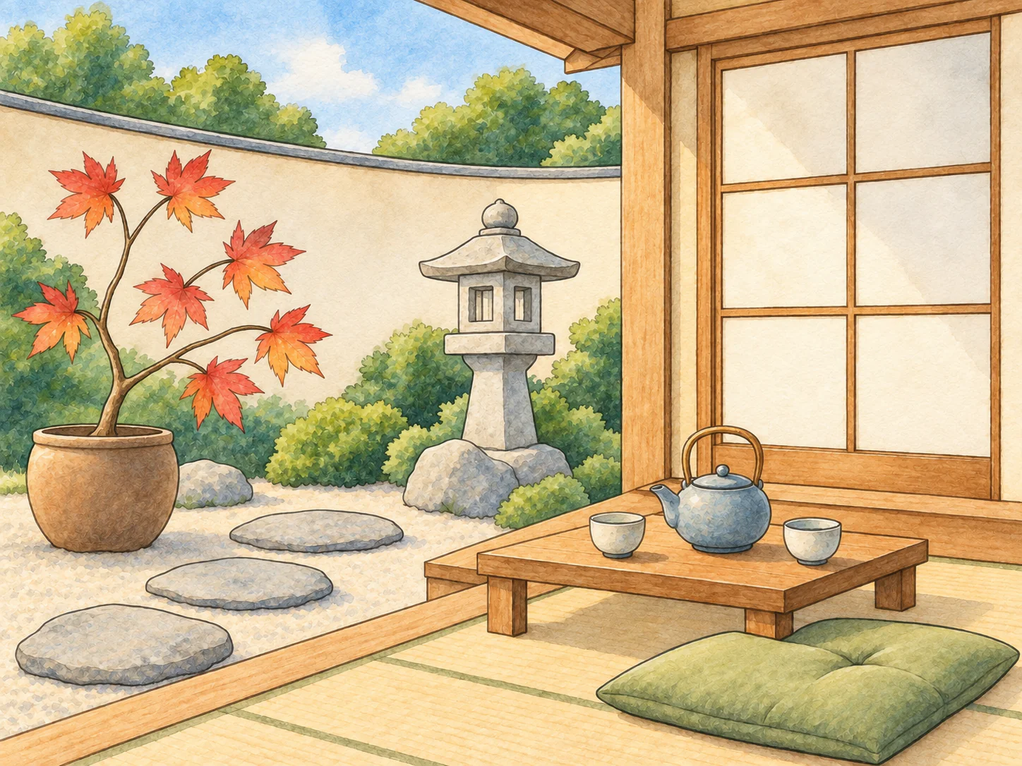 Japanese Tea Courtyard: A quiet tea setting beside a maple tree, stepping stones and a stone lantern.