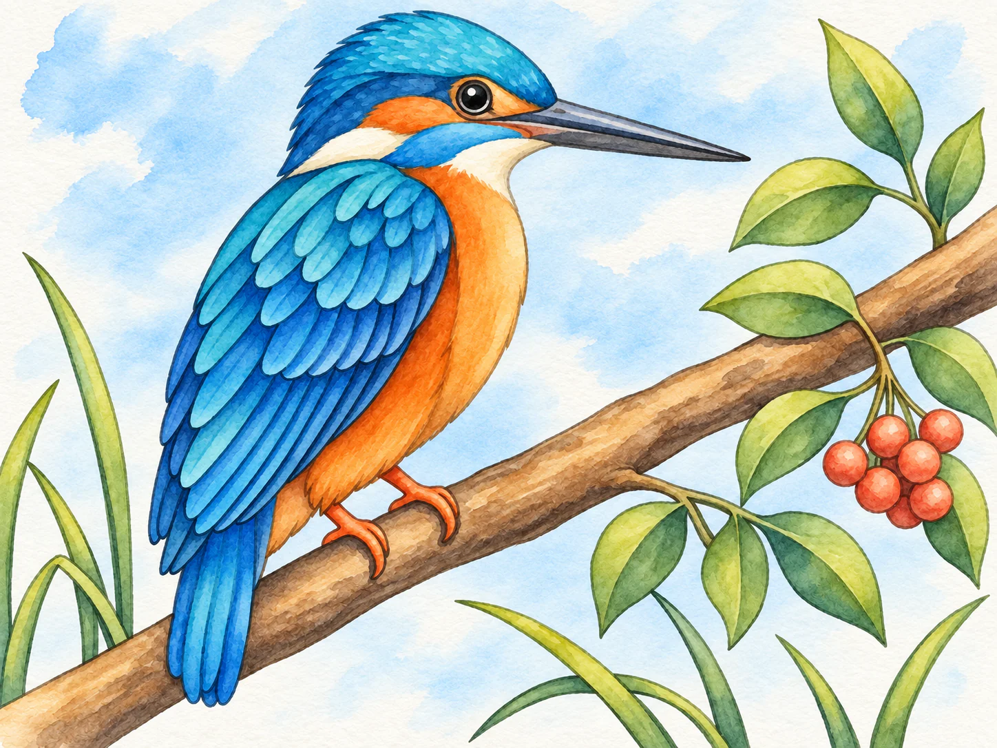 Kingfisher on a Branch: A kingfisher's layered feathers and an arching leafy branch invite careful color placement.