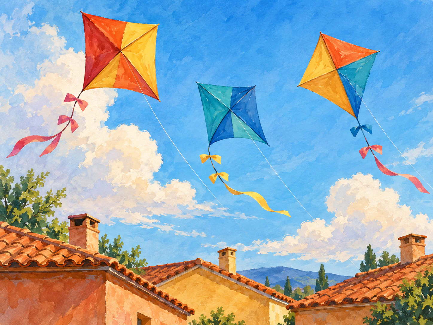 Kites above the Rooftops: Three bright kites rise above terracotta rooftops, their ribbons curling through a clear blue sky.