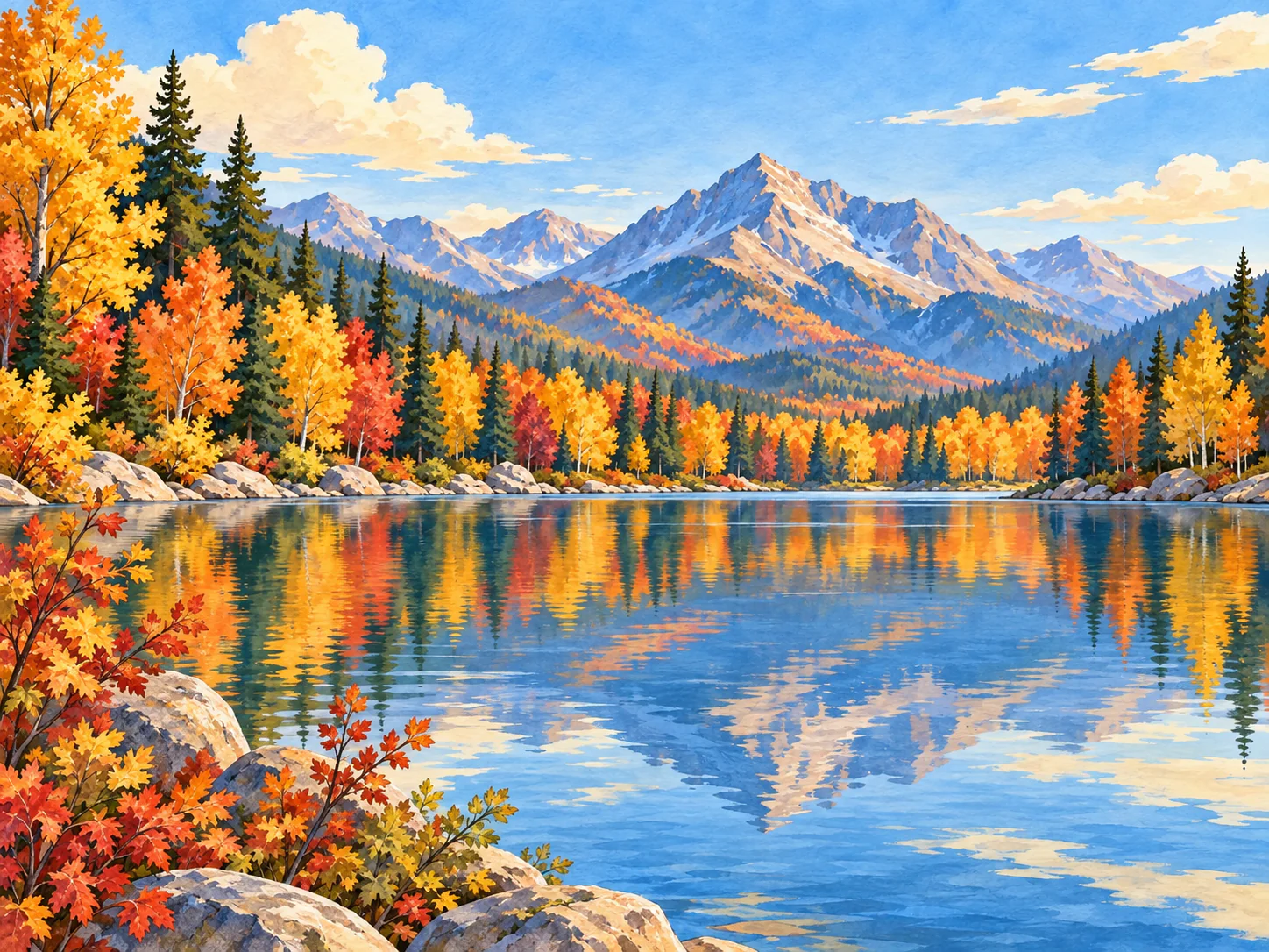 Autumn Mirror Lake: Warm autumn colours mirrored in calm water below distant ridges.