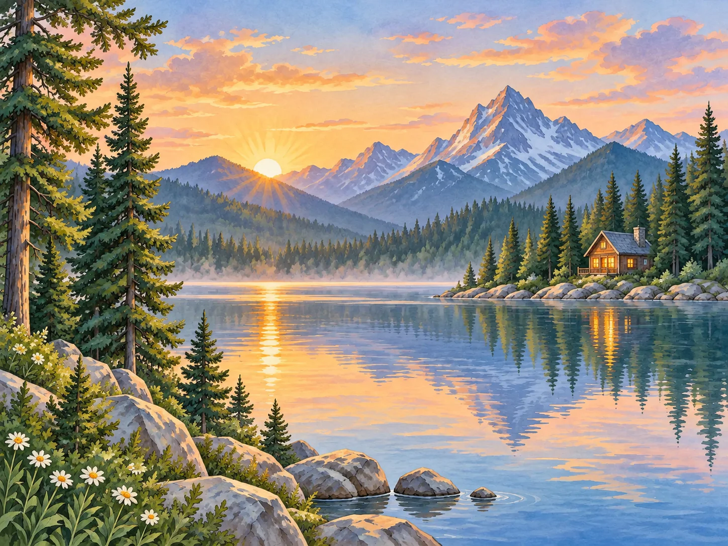 Dawn at the Lake: A still lake at first light, with pines and a warm cabin on the far shore.