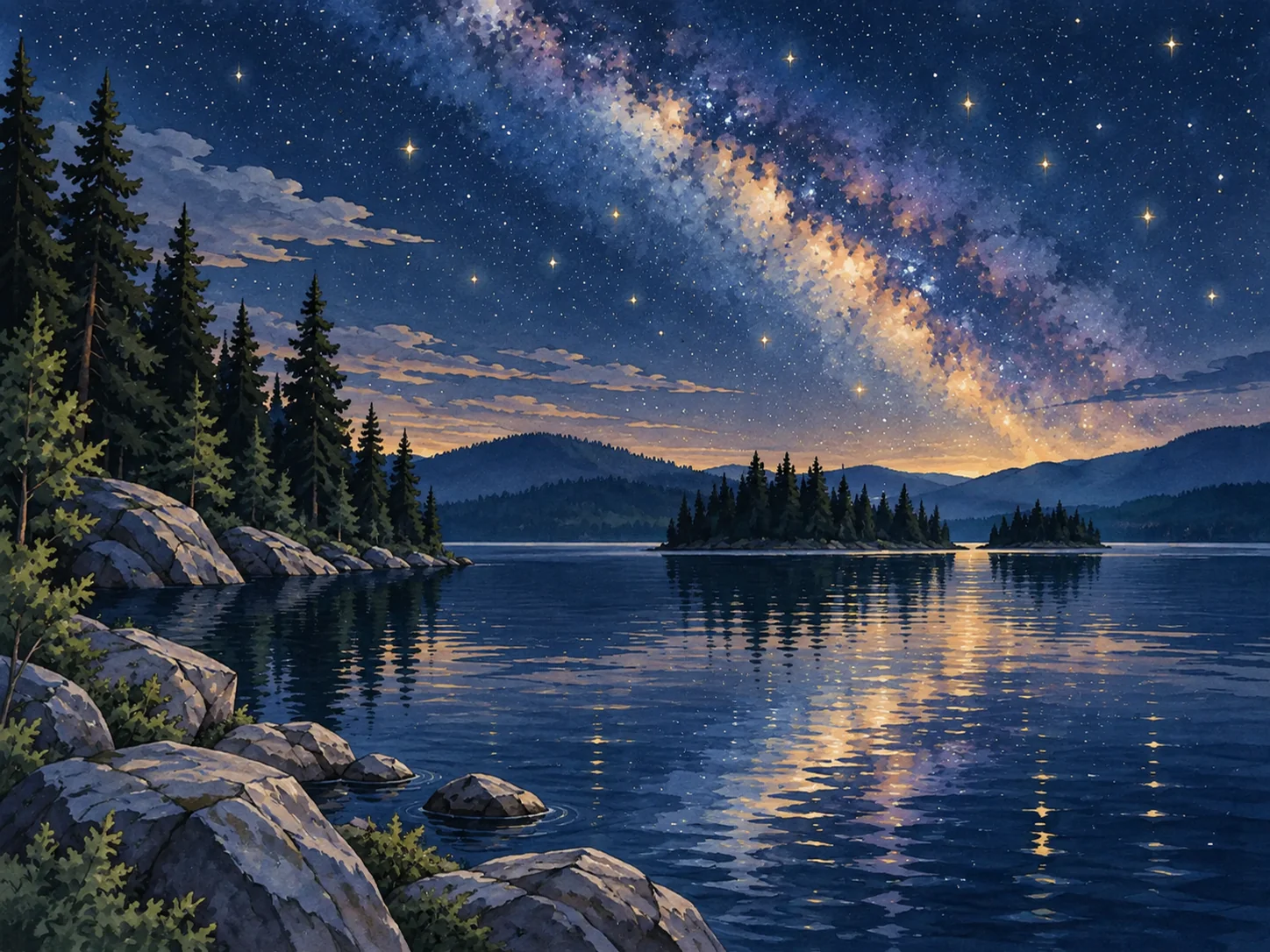 Lake Under Stars: A wide field of stars above black water and dark pine silhouettes.