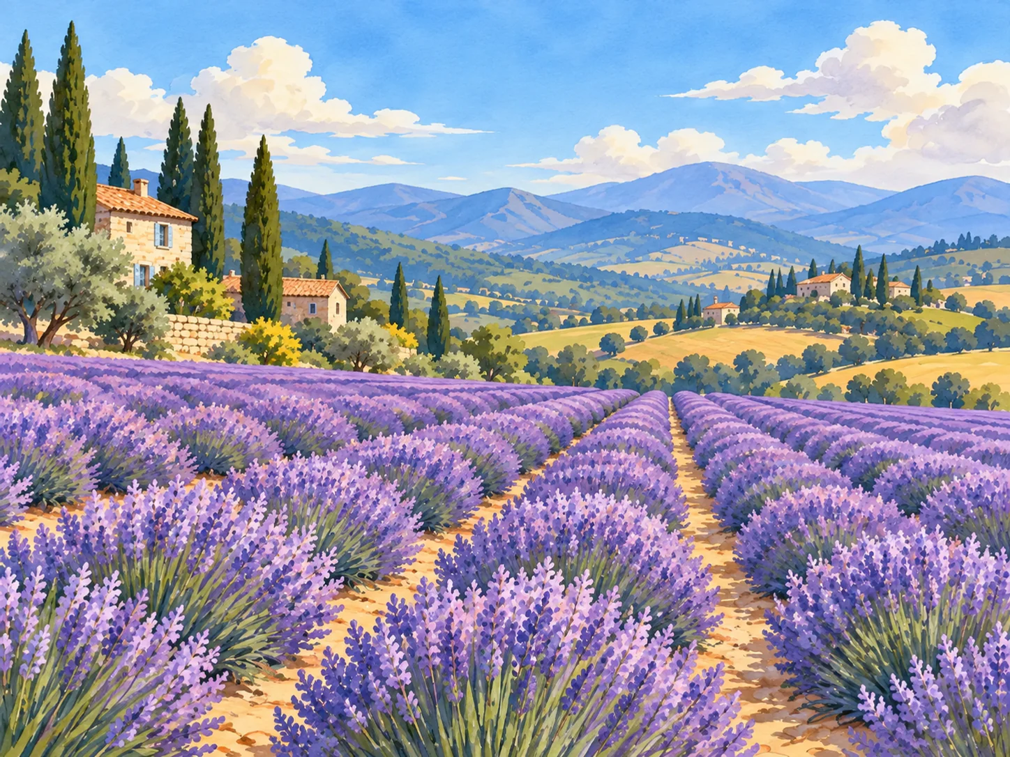 Lavender Field: Rows of lavender running toward soft hills under a wide sky.