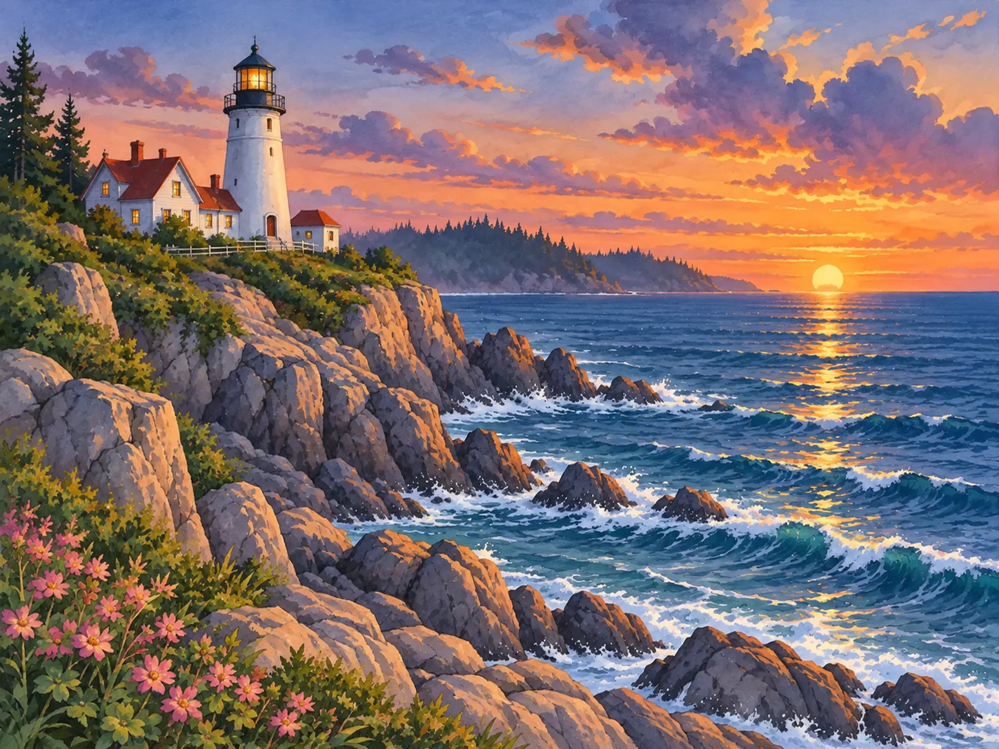 Lighthouse at Dusk: A lighthouse holding the last light while the sea turns deep blue.