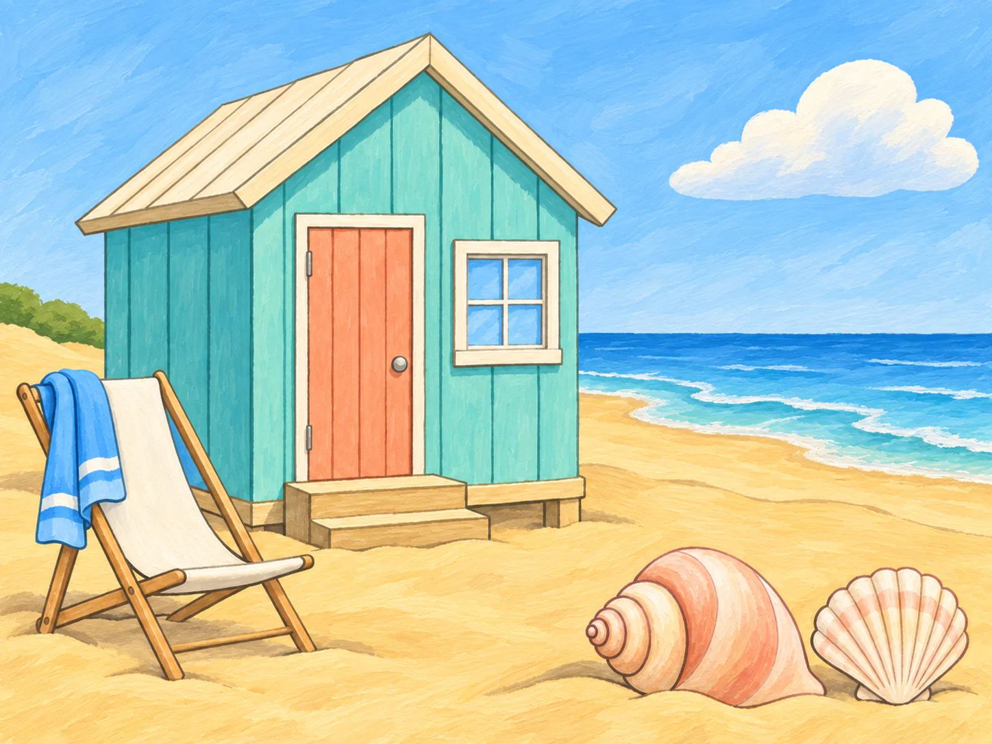 Little Beach Hut: A colorful beach hut, a deck chair and seashells beside gentle waves.