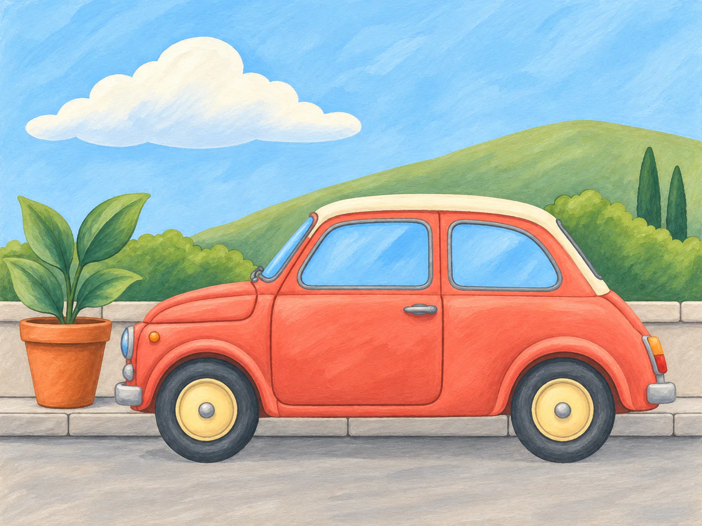 Little City Car: A cheerful little car, a leafy pot and a quiet hillside street.