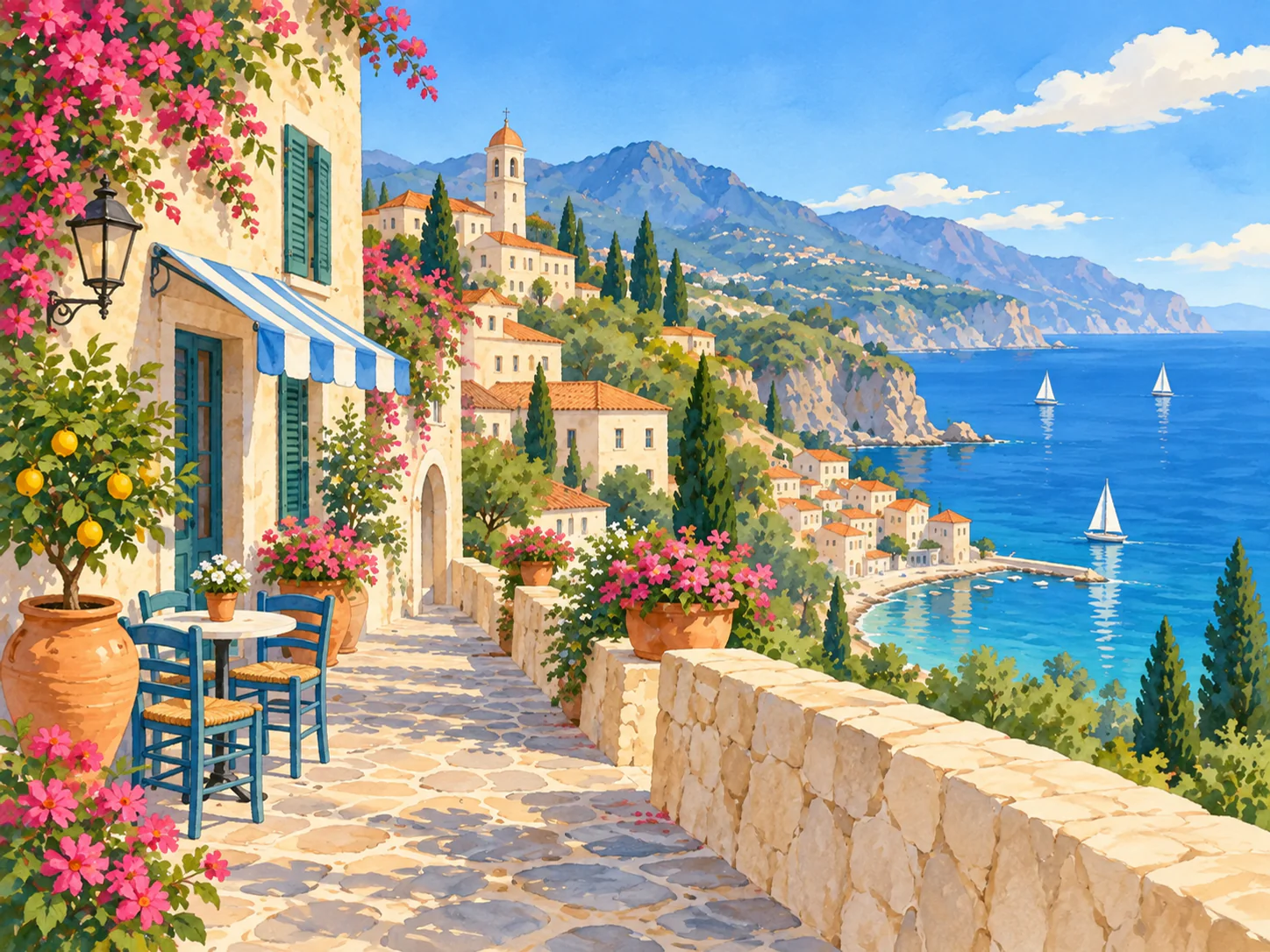 Mediterranean Village: Cream houses, awnings and warm stone under a clear sky.