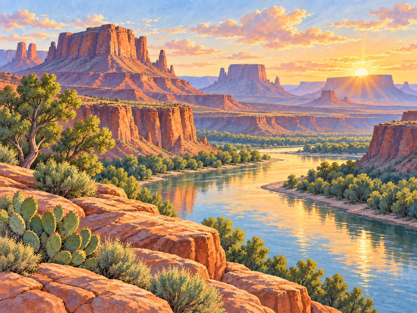 Mesa Sunrise: Warm desert mesas and a slow river catching the first sun.