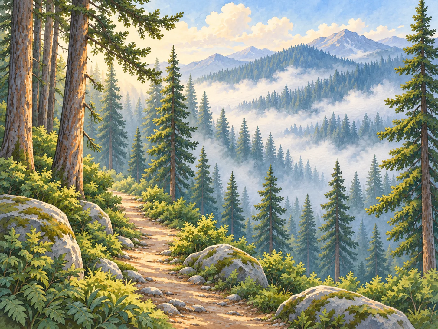 Misty Pine Forest: Tall pines fading into mist along a soft forest track.