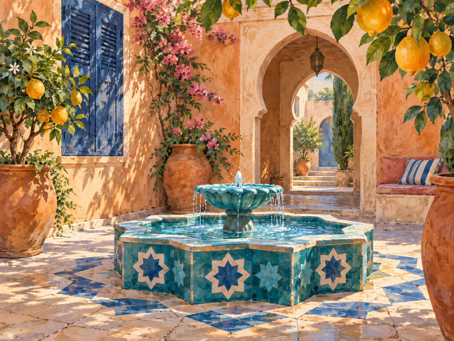 The Mosaic Fountain Courtyard: A teal mosaic fountain cools a sunlit courtyard framed by citrus trees, pink flowers and a carved archway.