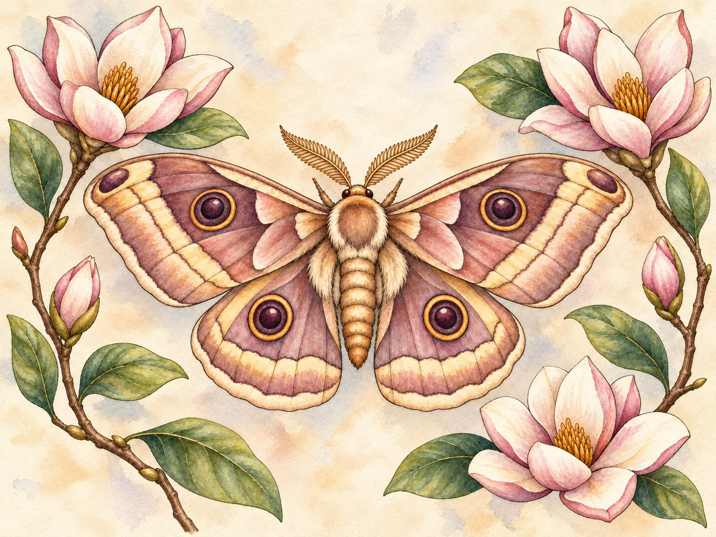 Moth and Magnolias: A patterned moth and magnolia branches balance symmetry with softly overlapping petals.