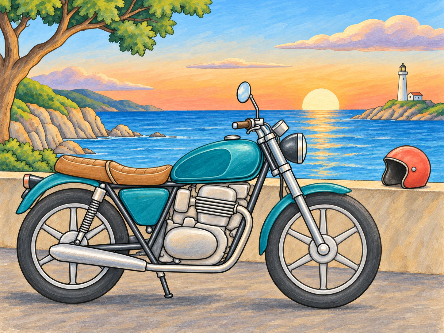Motorcycle at the Coast: A vintage motorcycle and helmet overlook the sea at sunset.