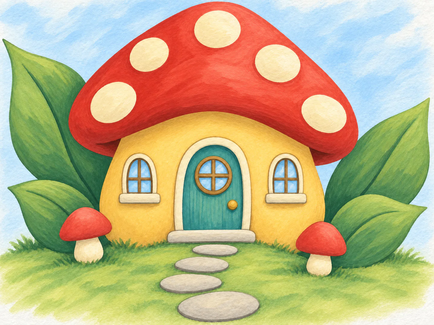 Mushroom Garden Home: A little mushroom cottage with round windows and a leafy garden path.