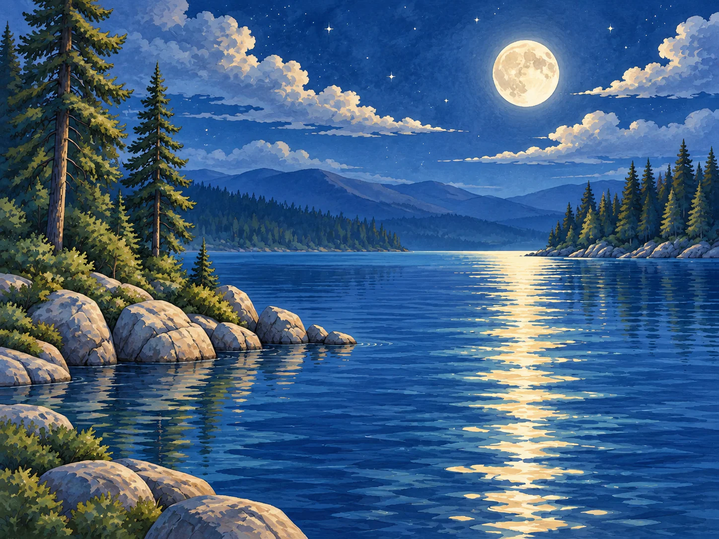 Moonlit Lake: A quiet lake under a bright moon, with a path of light on the water.