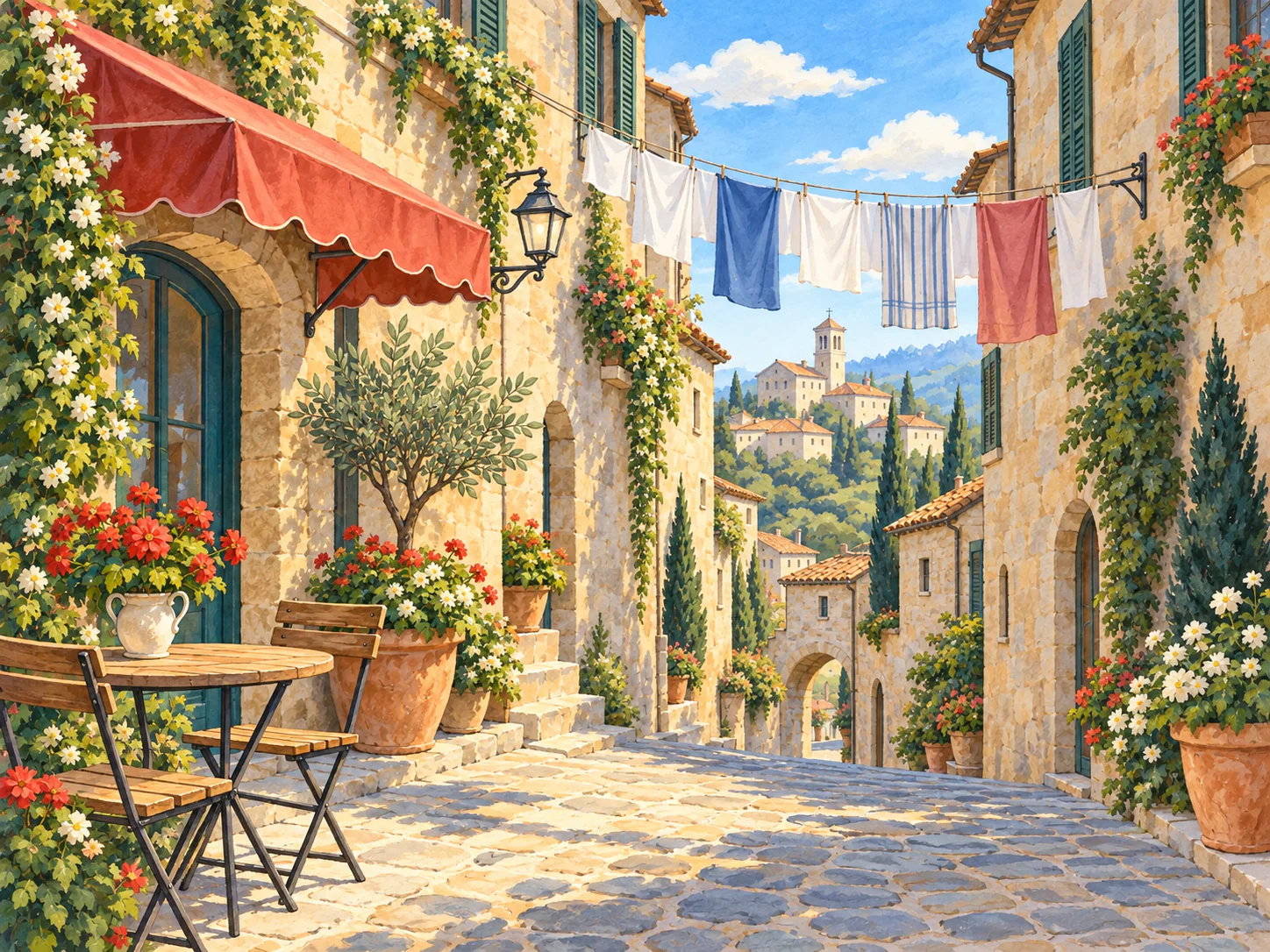 Old European Street: Narrow stone street, red awning and washing strung between the houses.